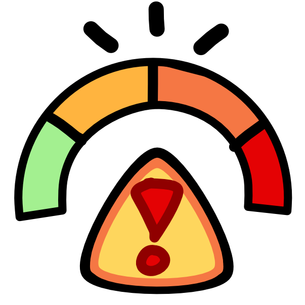 There is a segmented arched progress bar or gauge. Each segment is a different color,  green, yellow, orange, red. Situated under the center of the arch is a triangular yellow warning sign with a red exclamation point on it. Above the gauge are 3 straight emphasis lines. The image has dark line art.